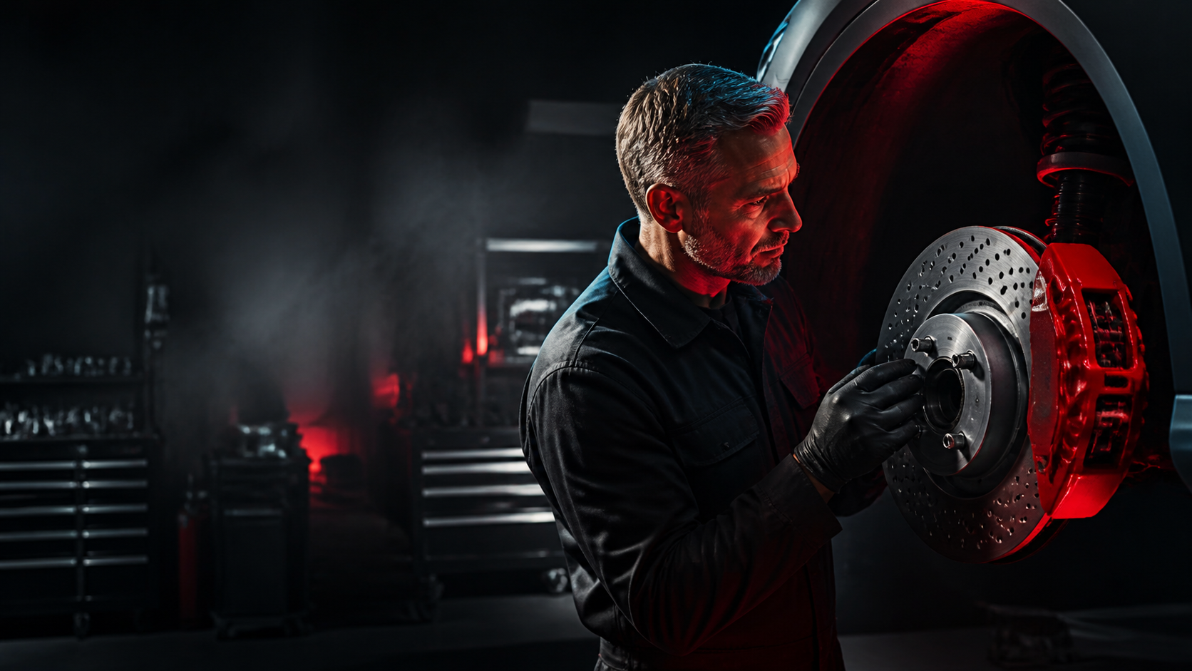 Technician inspecting performance brakes